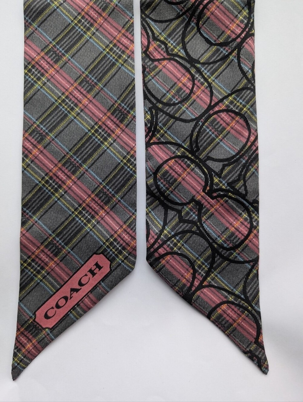 NWOT Coach 100% Silk Twilly Skinny Scarf | Pink Grey Plaid Signature C Monogram